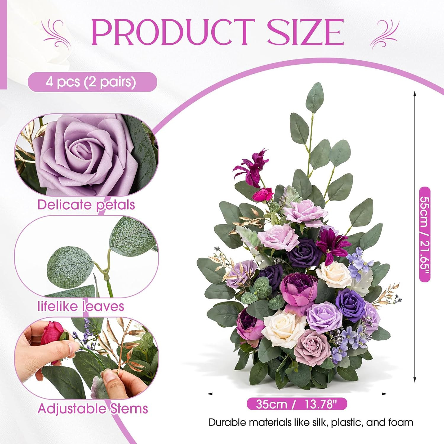 Purple 4 Pcs Free-Standing Wedding Aisle Floral Arrangements & Chair Decor