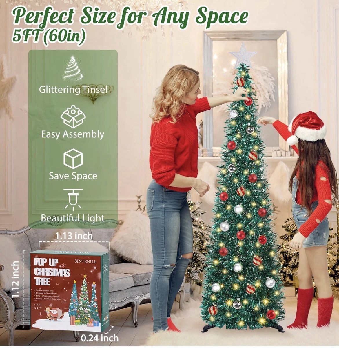 5 FT Pop Up Christmas Tree with Timer Lights and Decorations, Green Tinsel New