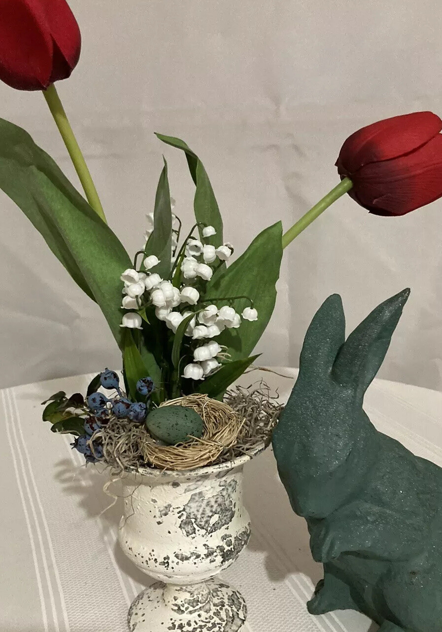 Red Tulips & Lily Of The Valley With Robin’s Nest Arrangement