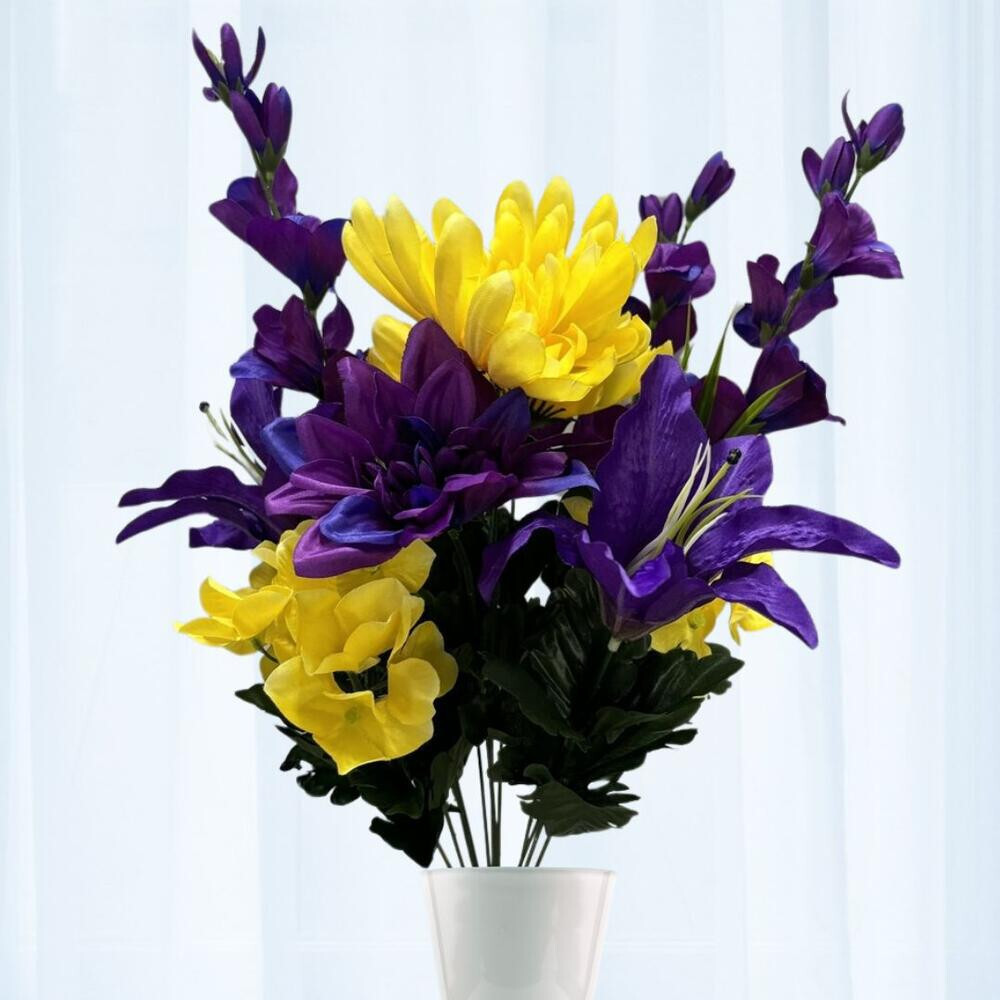 23″ Artificial Purple & Yellow Mum, Lily & Hydrangea Floral Bush