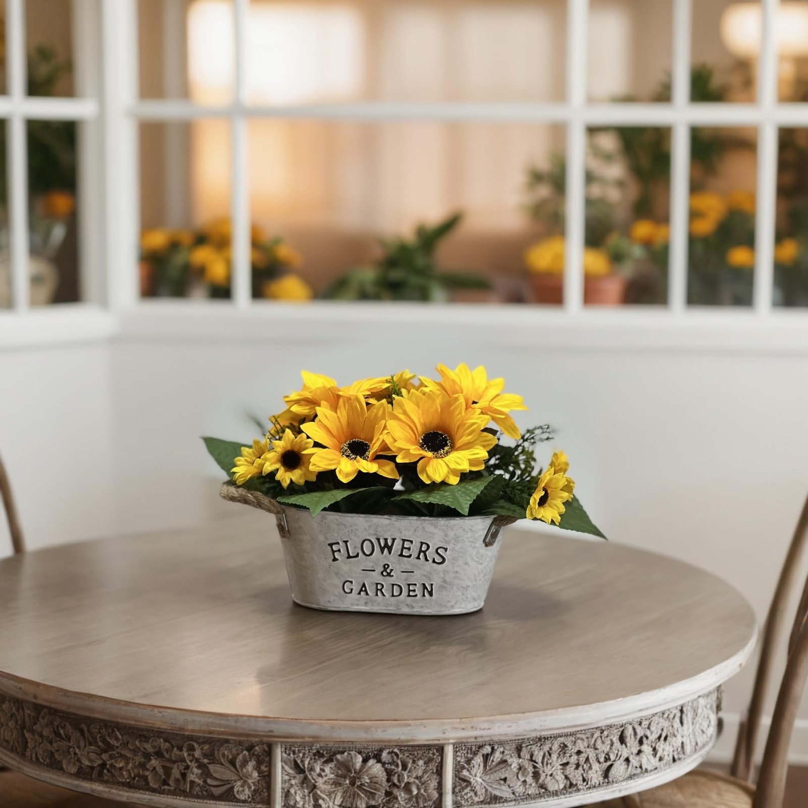 Artificial Flowers in Pot 8″ Tall Faux Silk Sunflowers with Metal Planter, Fa…