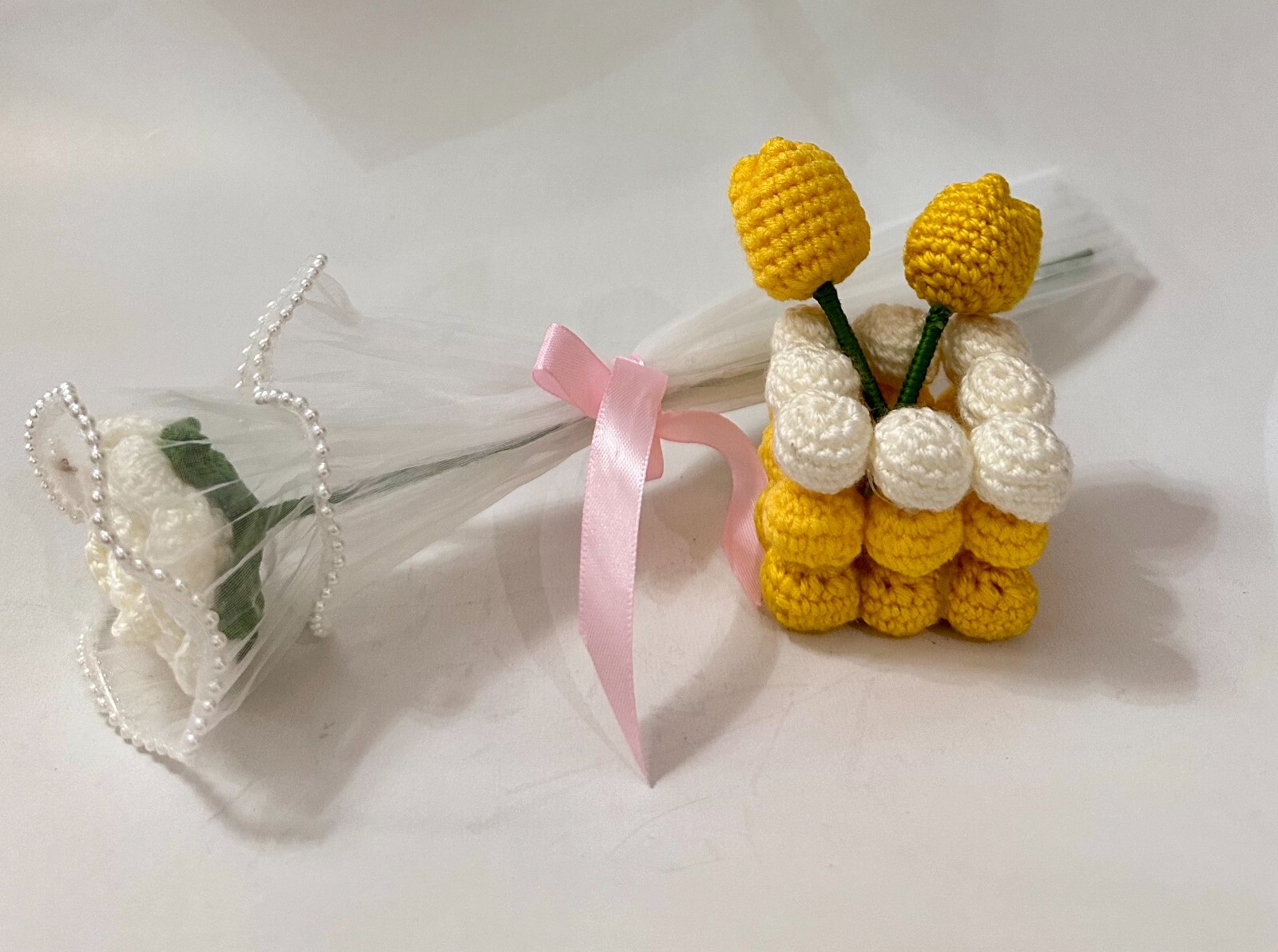 Hand Made Crochet Tulip Flowers in Pot & White Rose Bouquet Gift