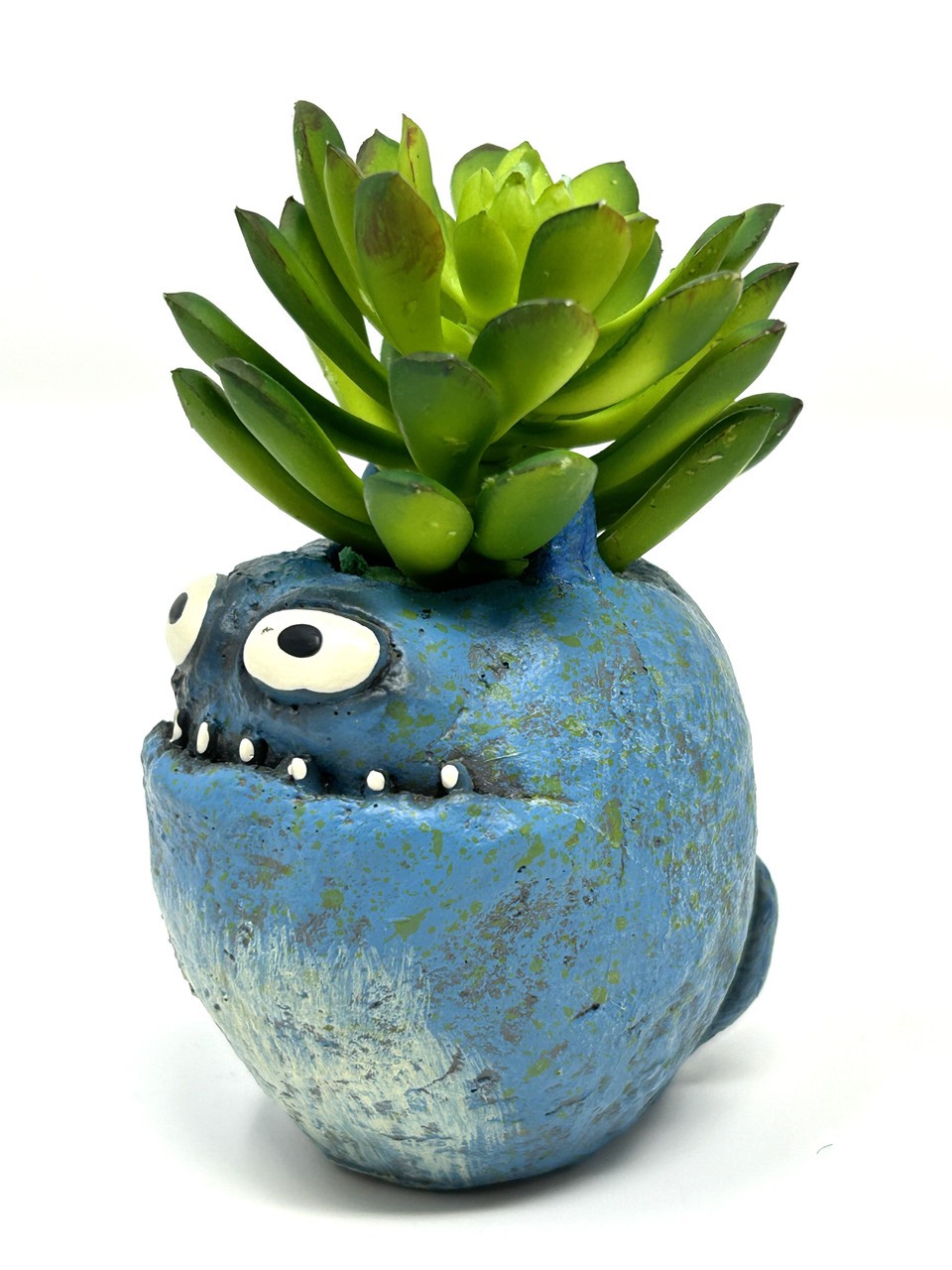 3.5″ Blue MURPHY Monster Blob House Mini pot WITH faux PLANT as shown