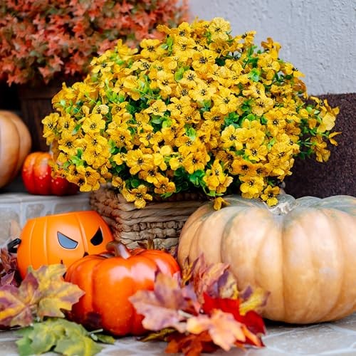 Artificial Fall Flowers for Outdoors Fake Mums – 16 Bundles Faux Plants Yellow
