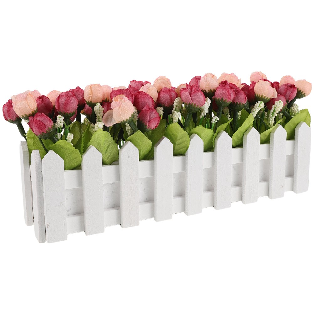 Simulation Flower Bonsai with Fence Rosy Artificial Flower for Home Office Desk