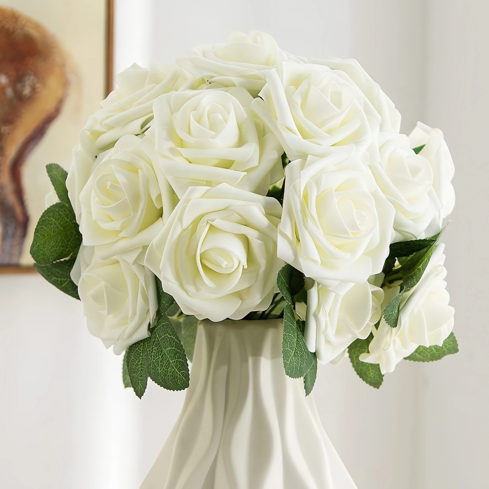 Artificial Flowers 25pcs Real Looking Ivory Foam Fake Roses with Stems for DIY