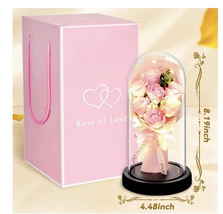 Artificial Pink Rose Bouquet Under Glass Dome w/ LED Lights 8.19in