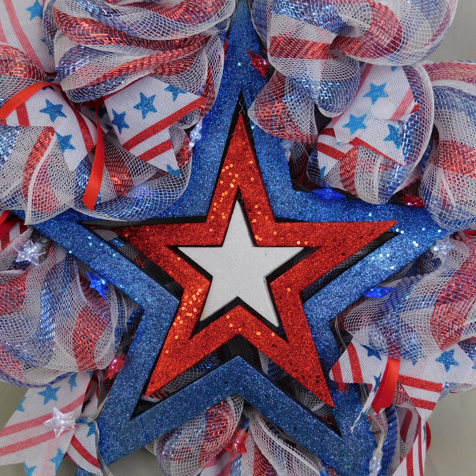 Handmade Mesh Wreath Patriotic Stars & Stripes LED Light String Foam Star #C314