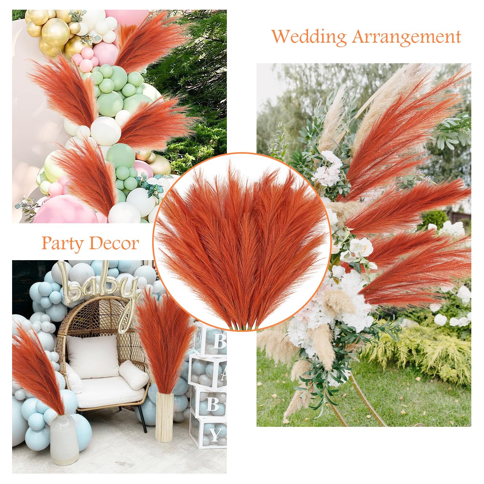 8pcs Orange Pampas Grass Tall, 35″ Fluffy Faux Colored Pompas Grass Artificia…