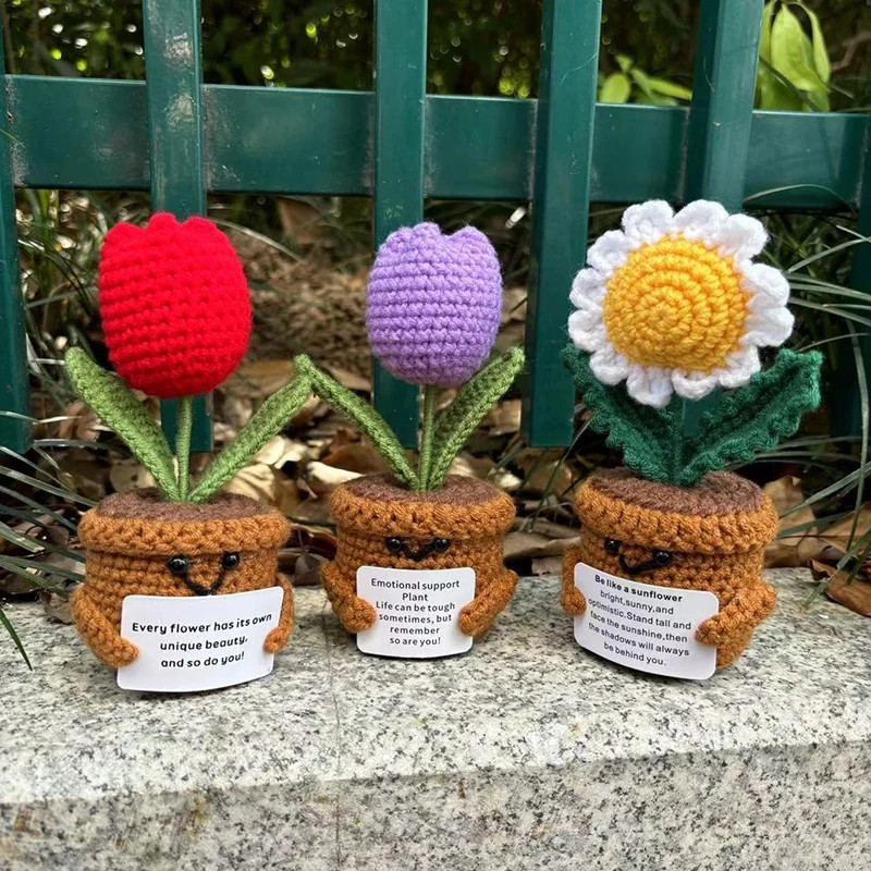 Crochet Artificial Tulip Sunflower Potted Hand Woven Knitted Home Decoration