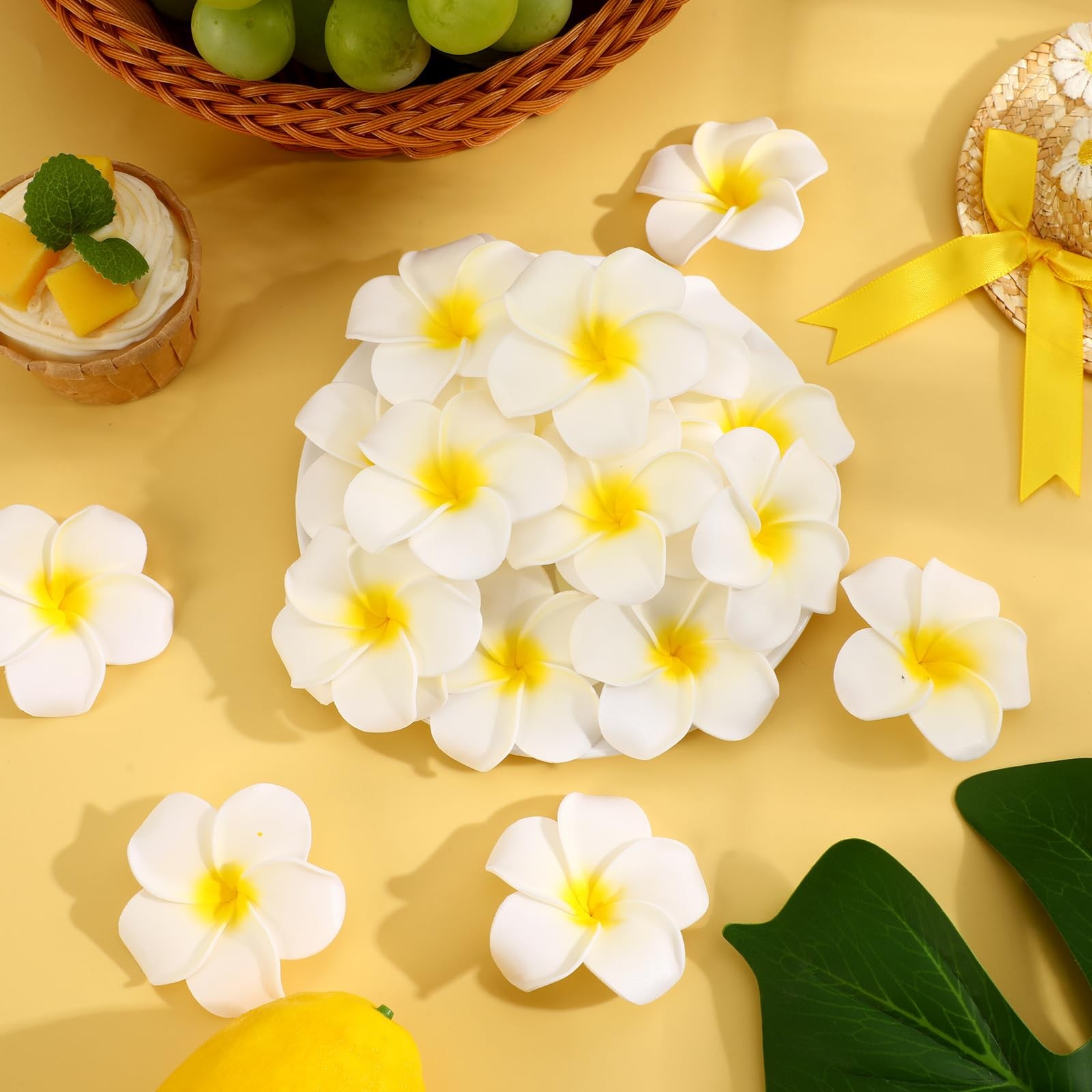 48Pcs Artificial Plumeria Flowers, White Foam Frangipani Flowers Head Fake Ha…