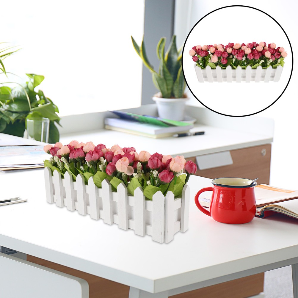 Simulation Flower Bonsai with Fence Rosy Artificial Flower for Home Office Desk