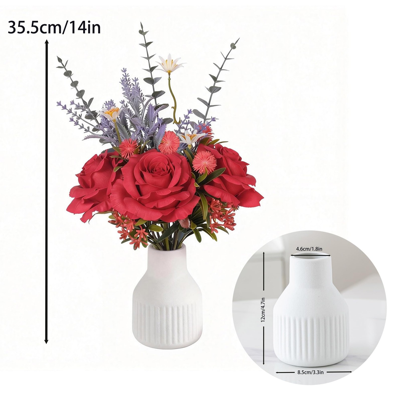 Artificial Rose Flower Arrangement in White Ceramic Vase, Silk Roses with Euc…