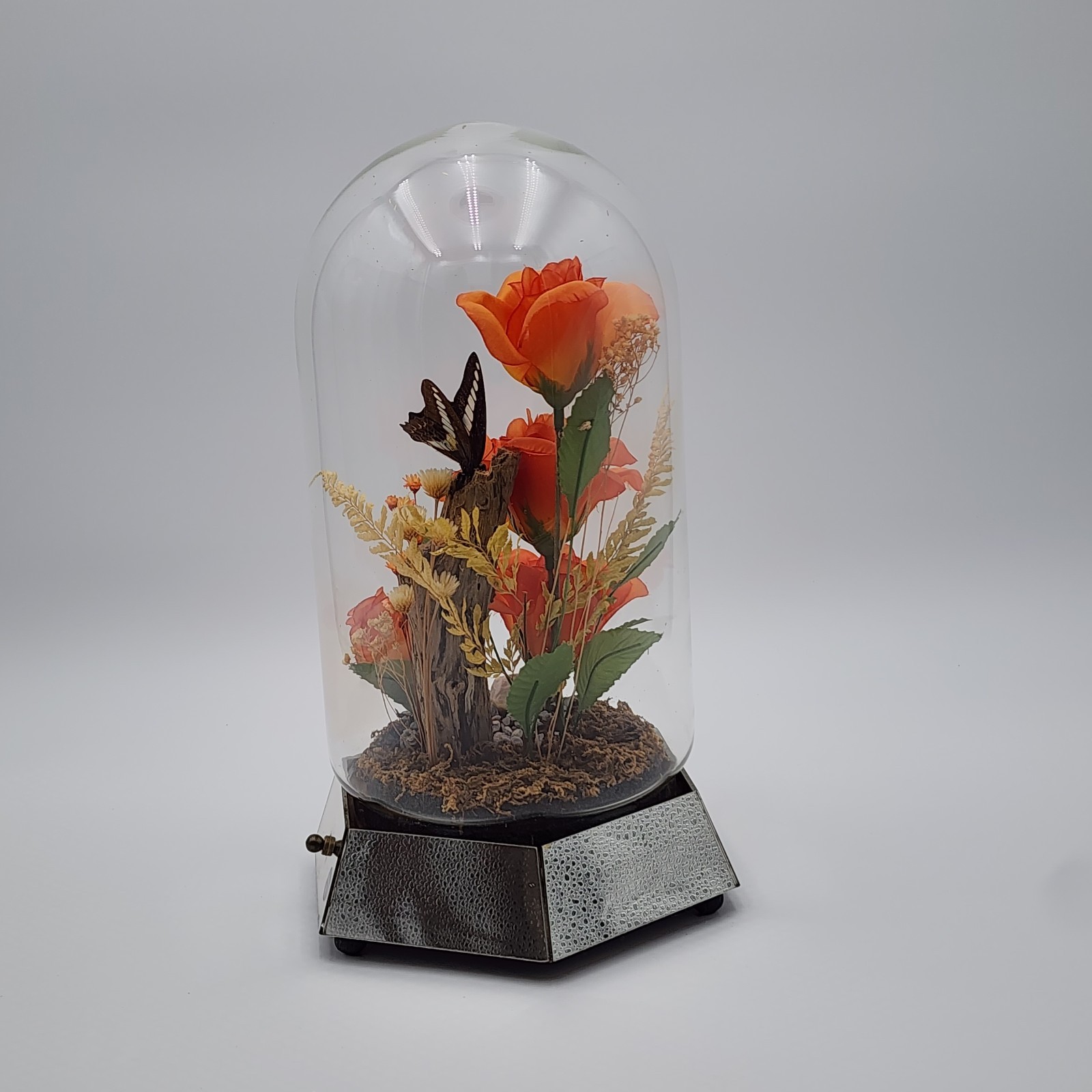 Vintage Glass Dome Floral Cloche with Butterfly Dried & Orange Faux Flowers