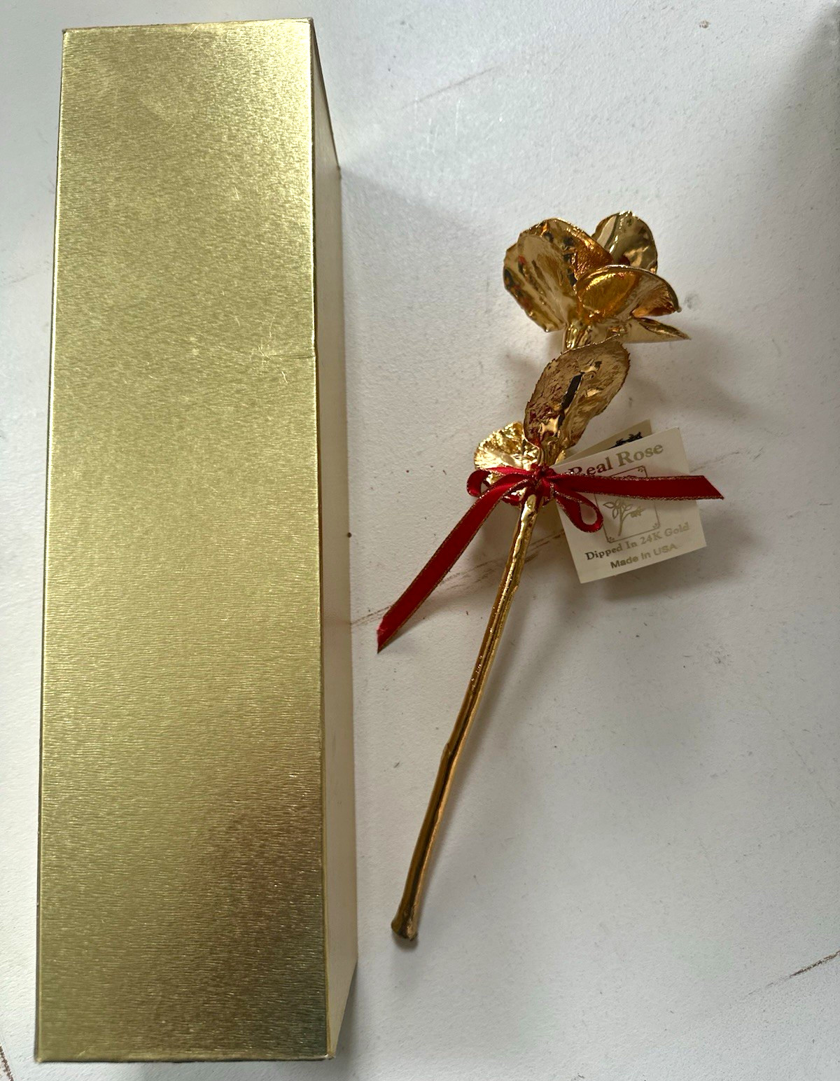 Beautif24K Gold Dipped Rose Flower Stem Twig & Stem Metal w/ Red Ribbon Gift Box