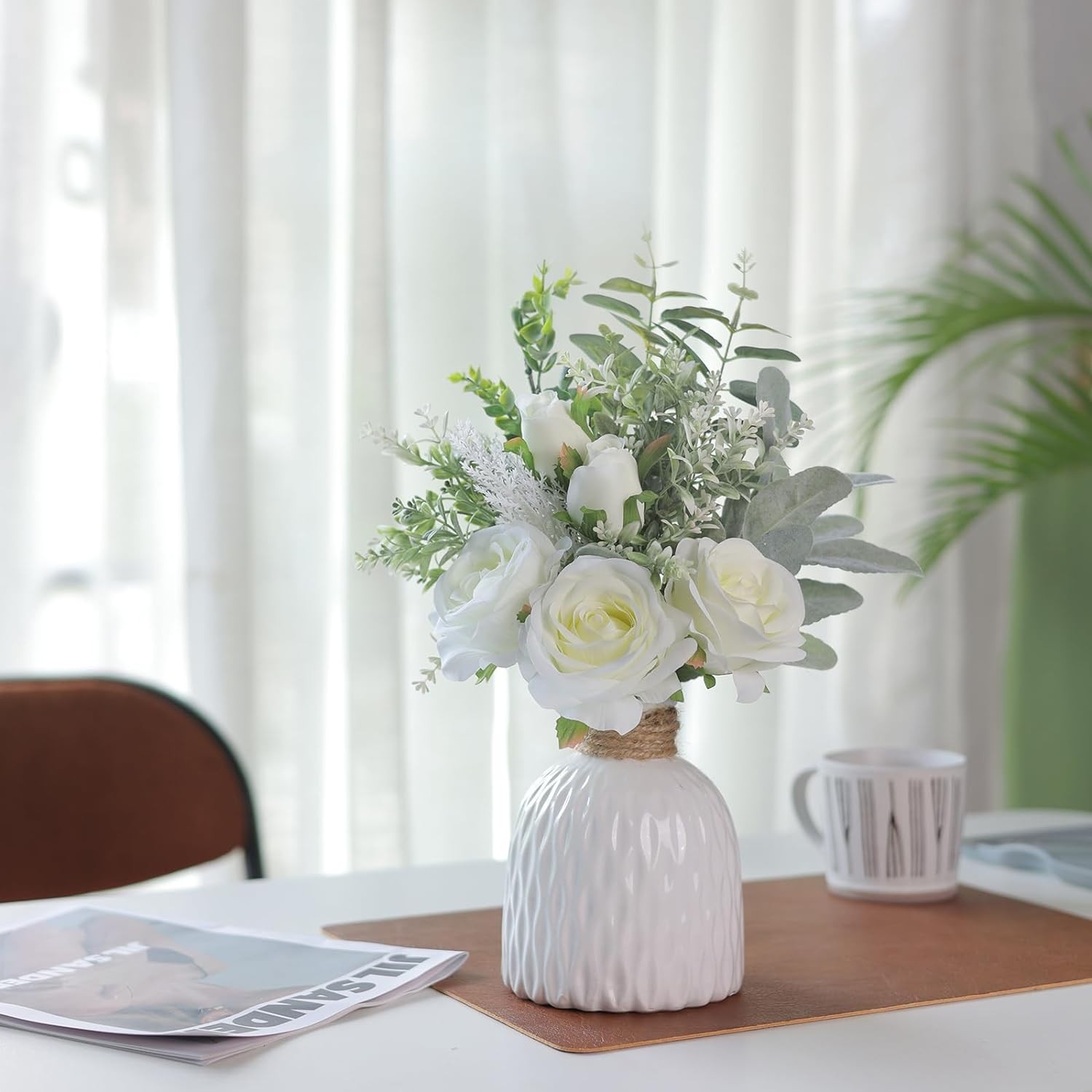 Artificial Flowers with Ceramic Vase,Faux Silk Roses and Fake Plant Eucalyptus