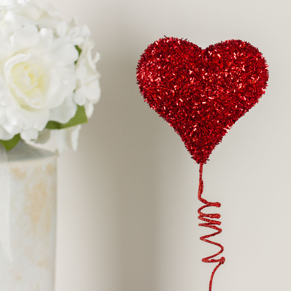Package of 6 Red Tinsel Foam Valentine’s Day Heart 14″ Tall Picks