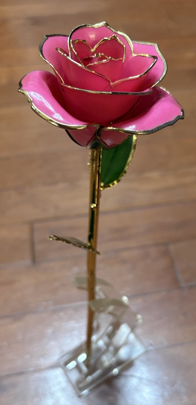Artificial Pink Rose Flower Stem w/ Gold Trim in Gift Box, 12 in Metal