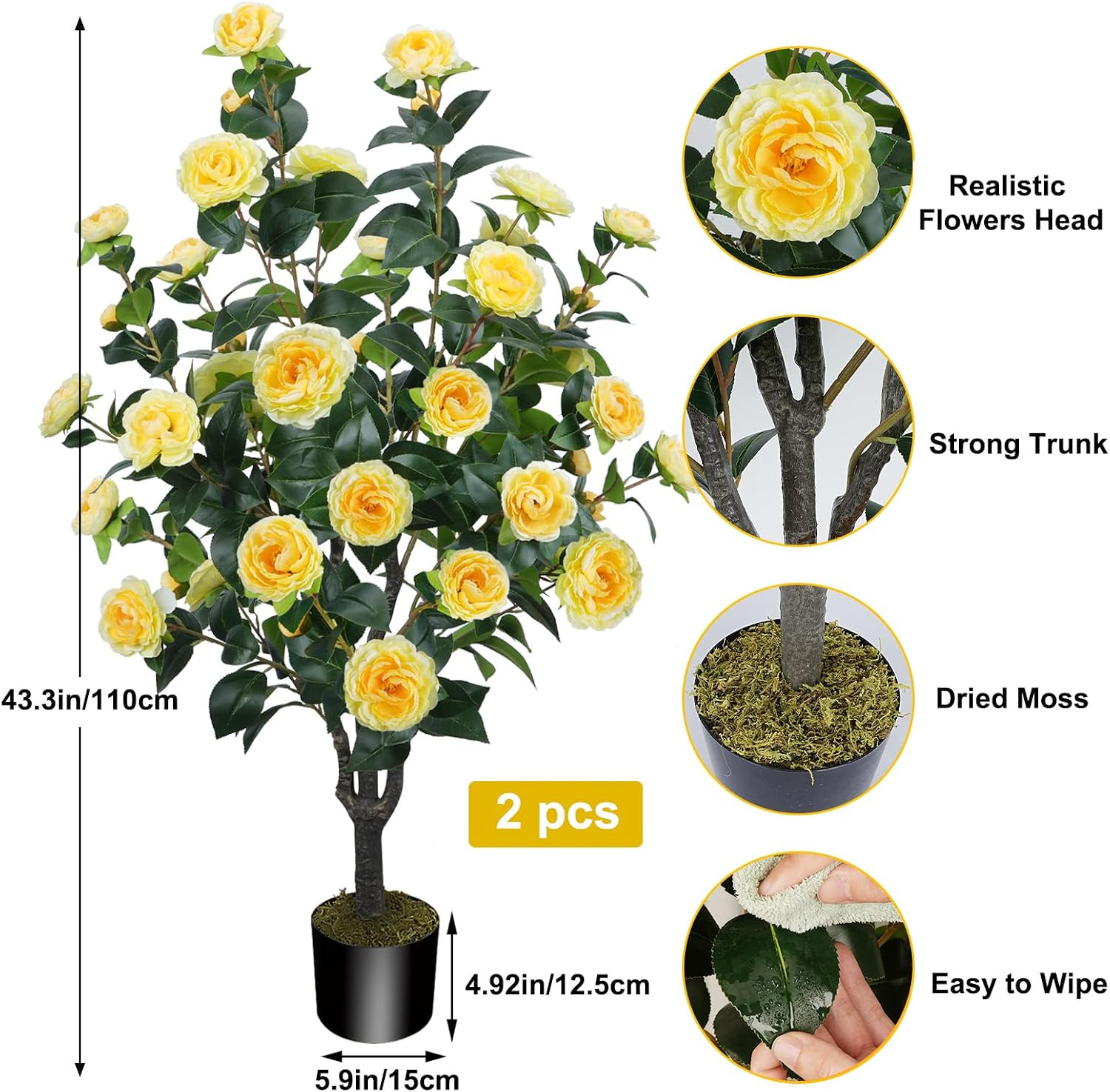 3.6FT Artificial Camellia Fake Tree, Artificial Plants & Flowers with 32 Yellow