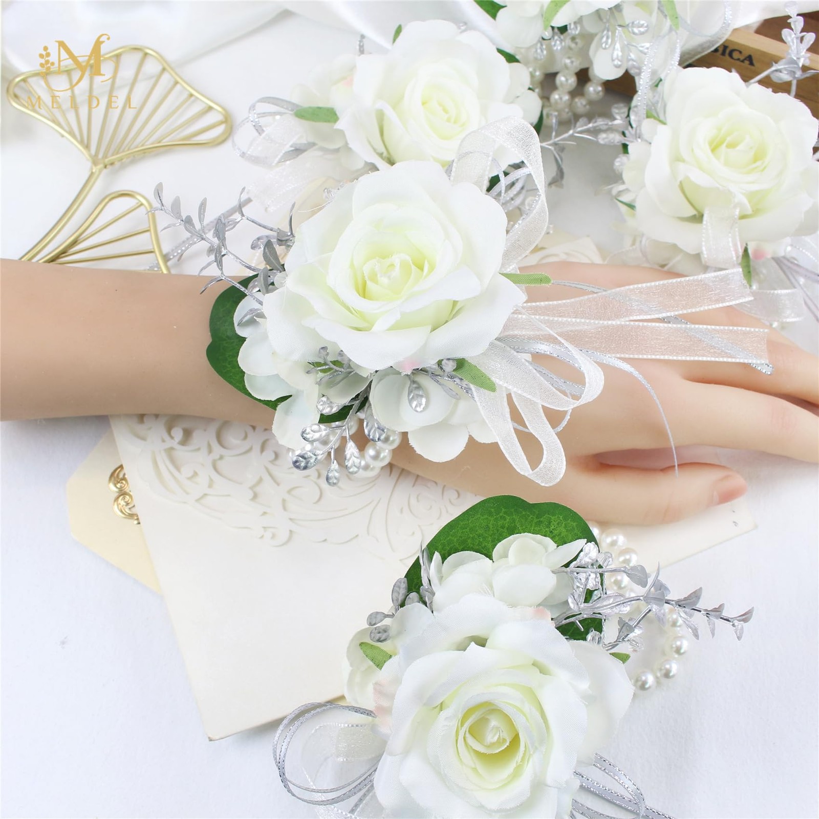 6 PCS White Rose Wrist Corsage For Prom Bride Bridesmaids Wedding Party
