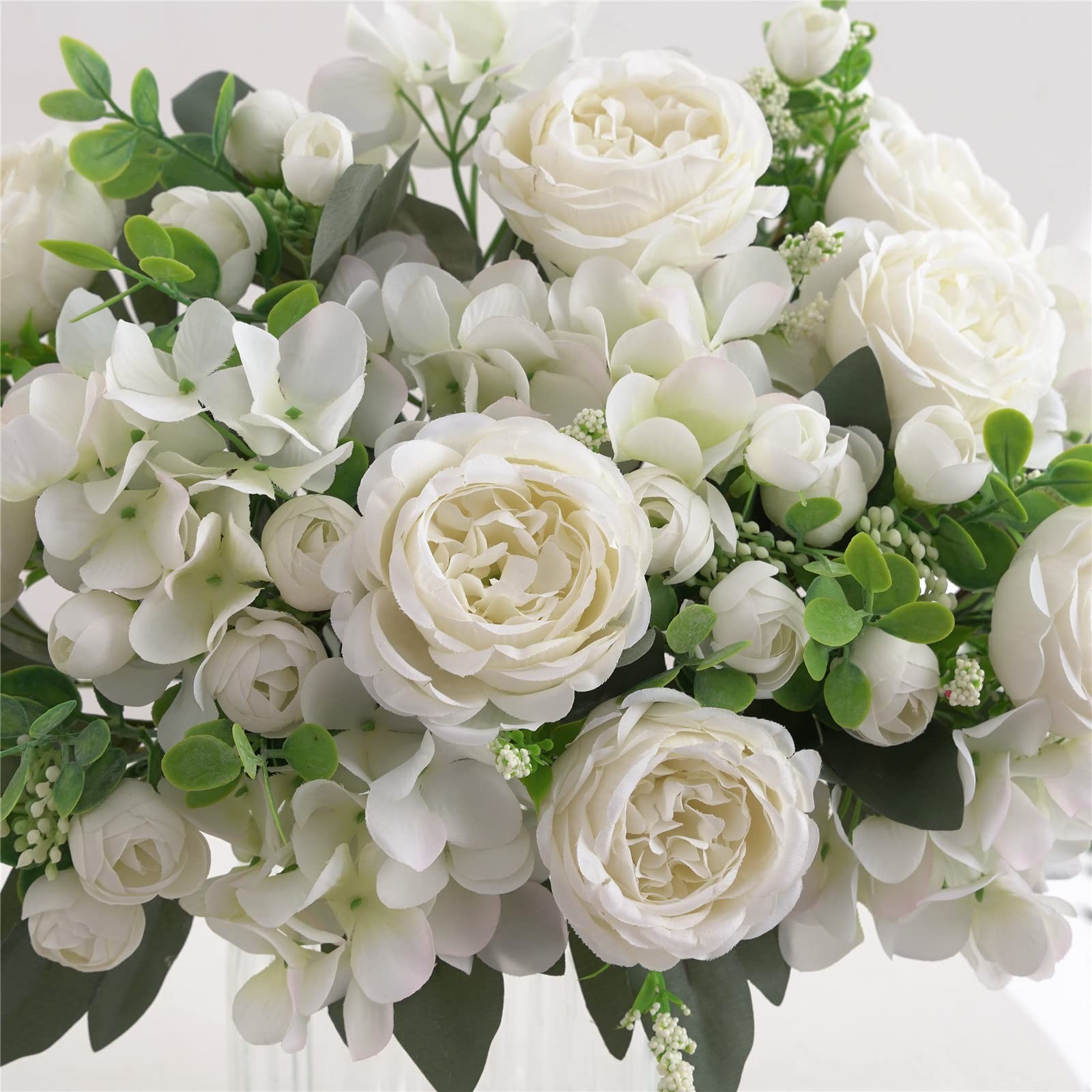 4 Bunches White Peonies Artificial Flowers Faux Roses Bouquet White Decor