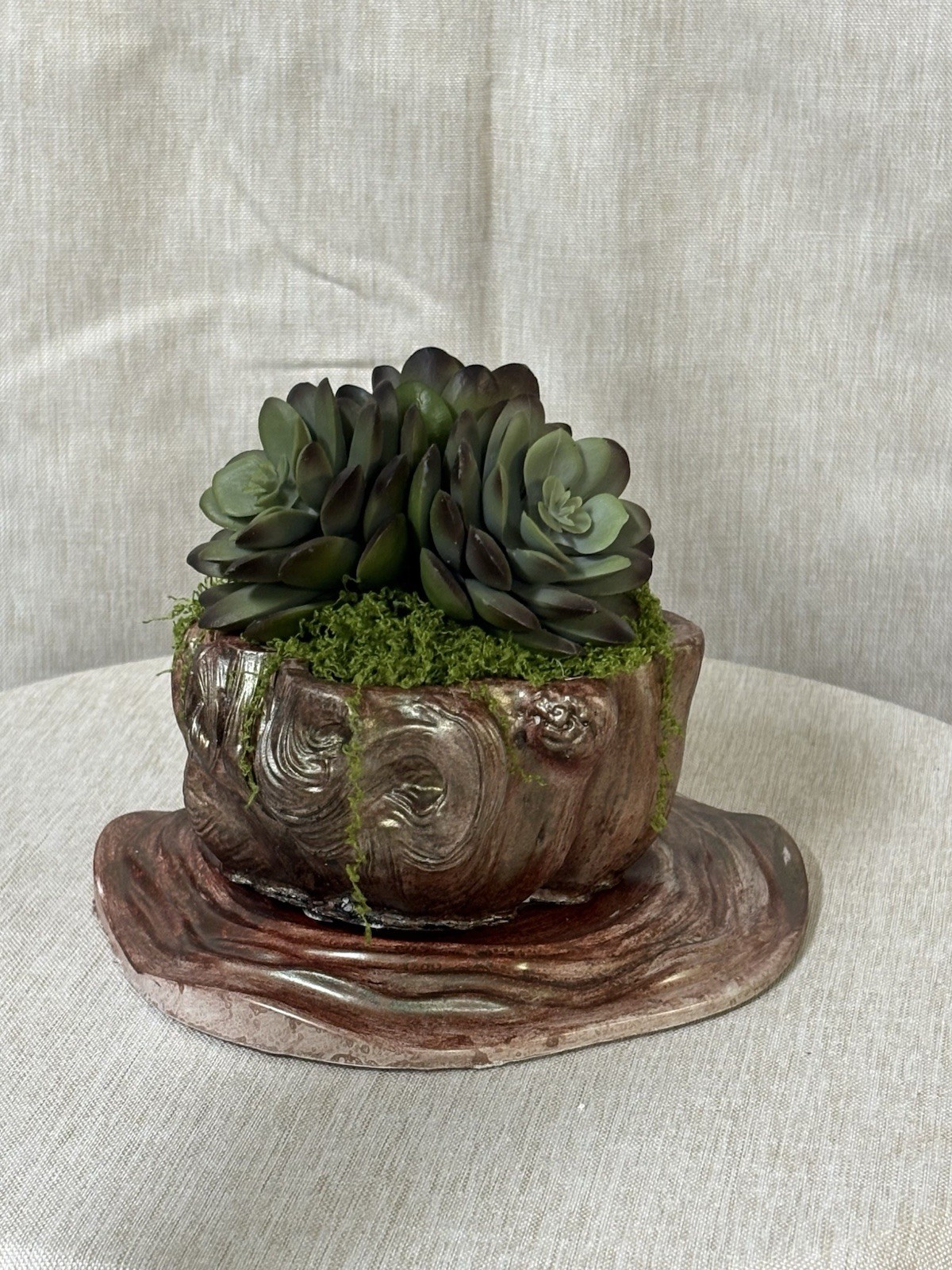 Artificial Succulents In Handmade Concrete Wood Look Pot With Saucer.