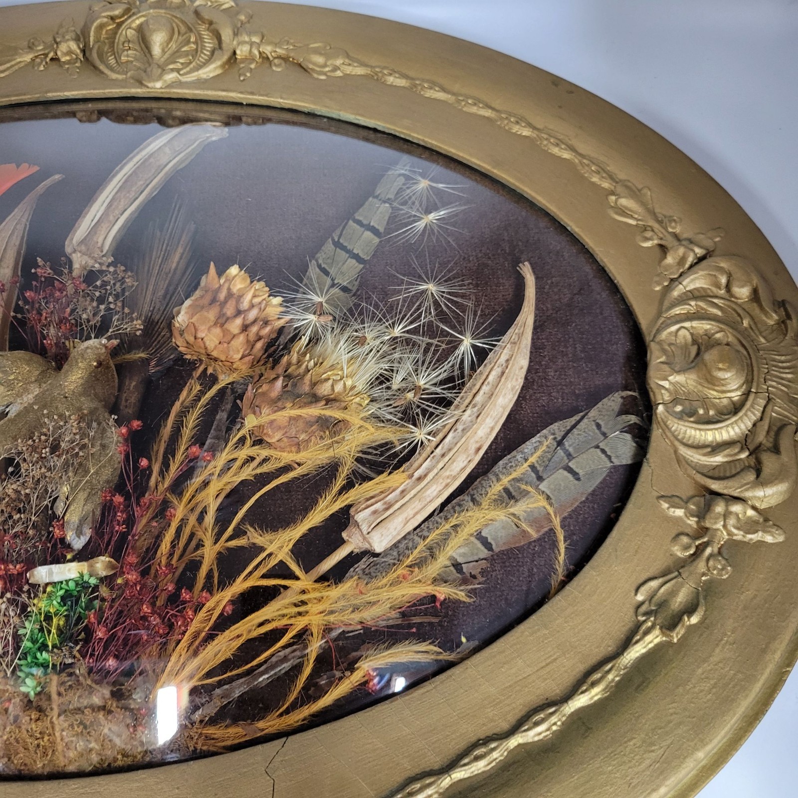 Vintage Oval Framed Bubble Glass Dried Flower Arrangement Wall Art Decor 25″x19″