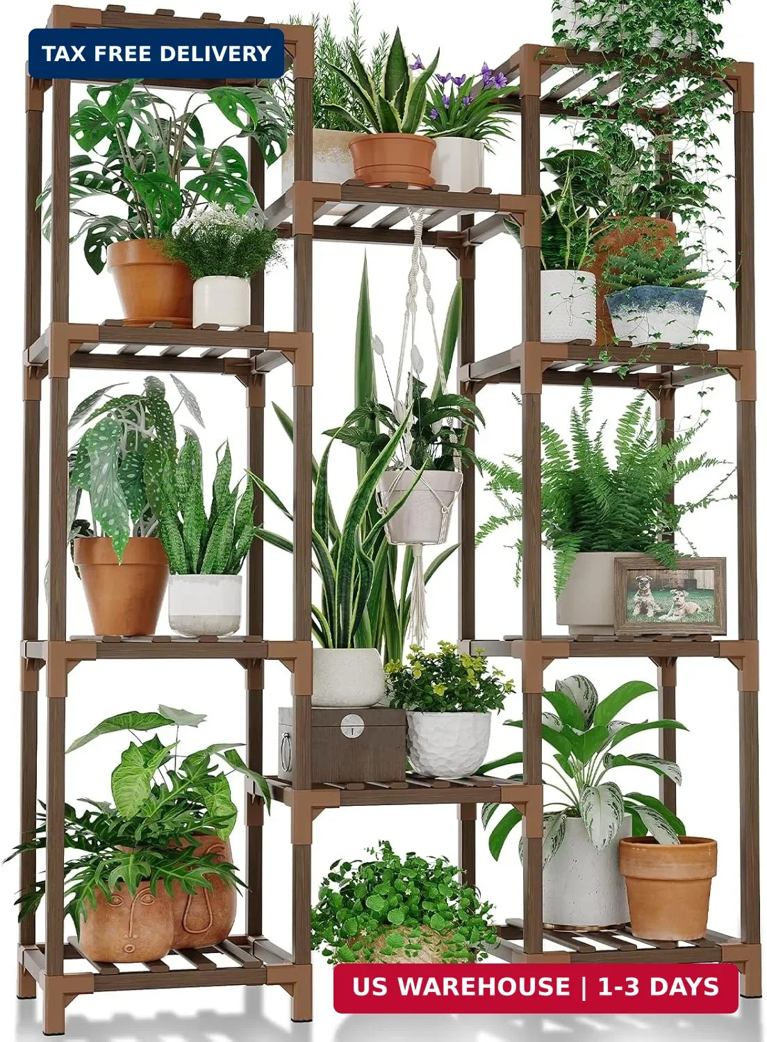 Bamworld Plant Stand Indoor Outdoor Tall Plant Shelf for Multiple Plants Pots Wo