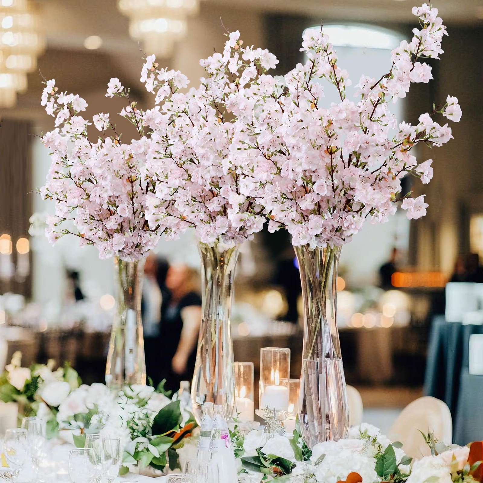 4pcs Silk Cherry Blossom Branches Artificial Flowers for Spring Tall Vase Dec…