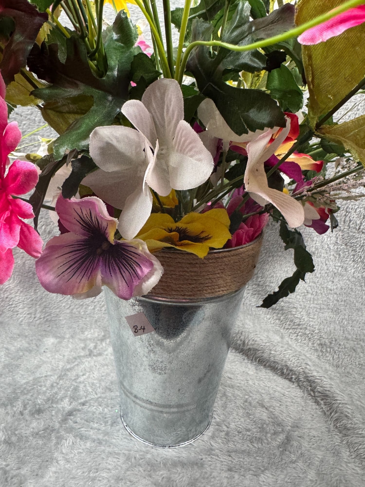 Artificial Flower Bouquet In Galvanized Metal Vase – Mixed Colors & Blooms