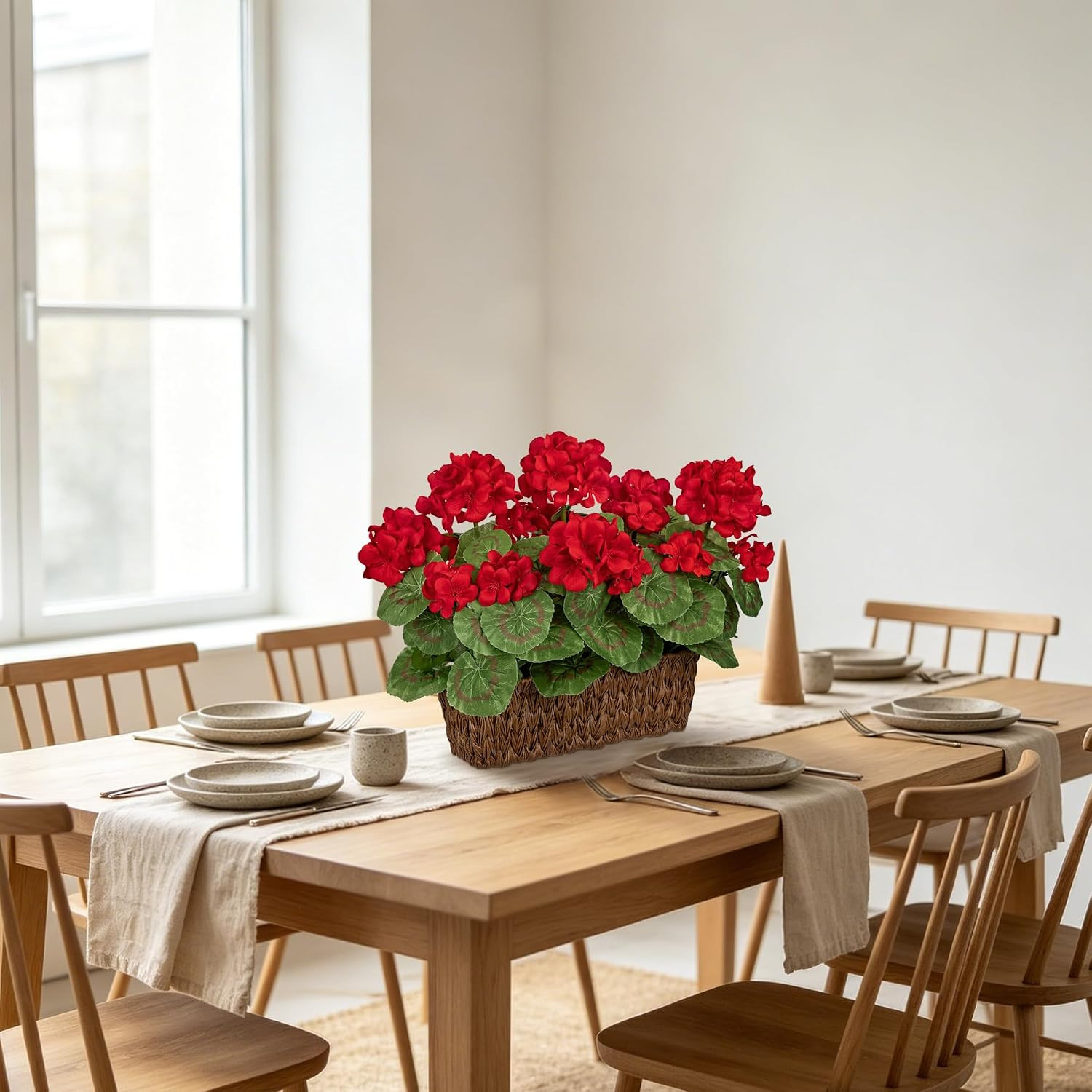Briful Artificial Geraniums Flowers in Woven Basket Planter, Real Faux Red Silk