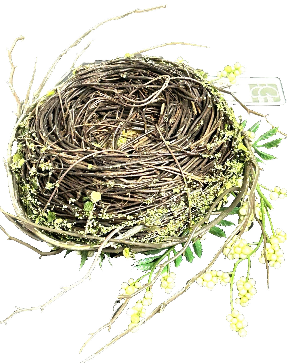 NWT ALLSTATE PLASTIC FLORAL BIRD NEST 3 YELLOW EGGS FERN & BERRIES DECOR 5 inch