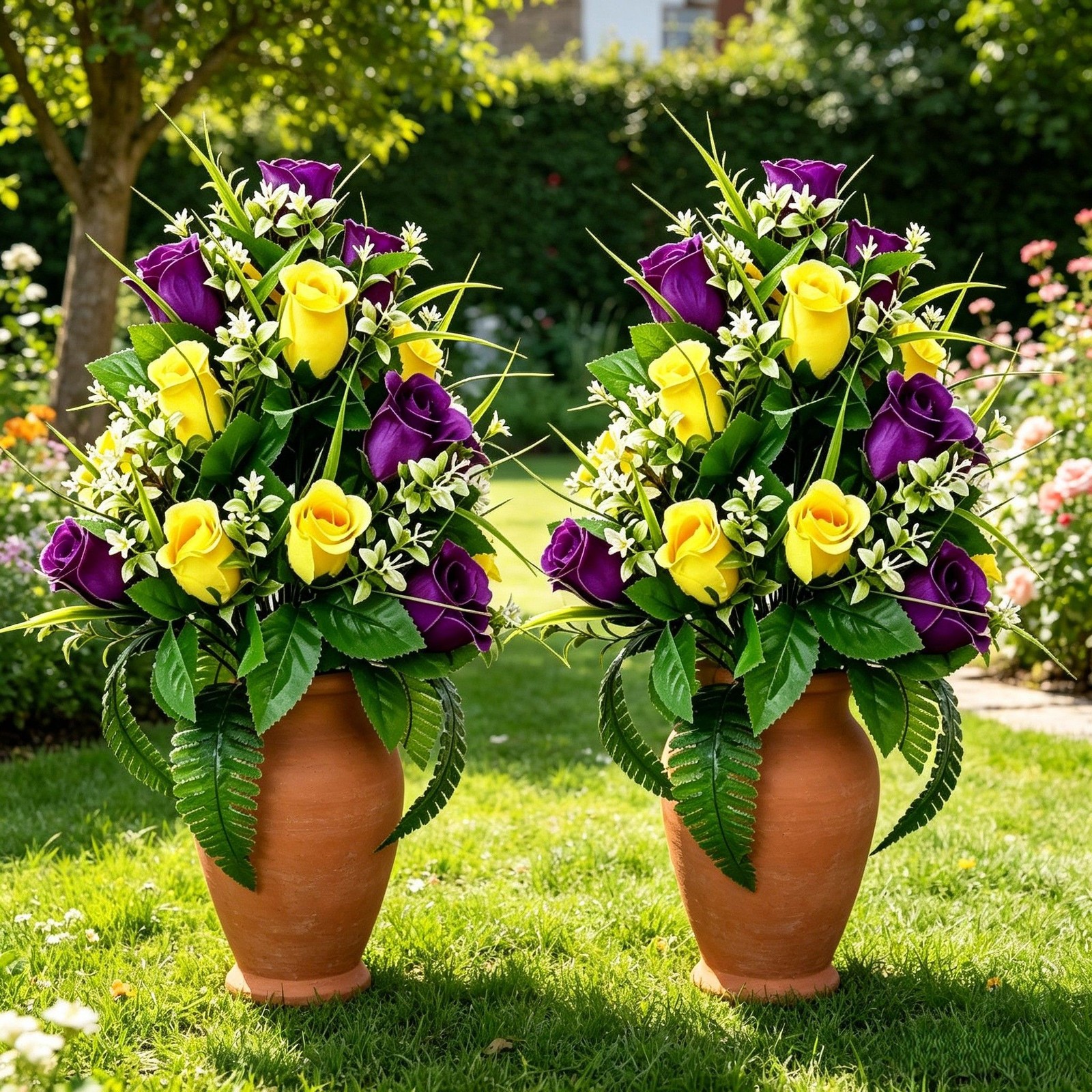 2 Pack Silk Bouquets Purple Yellow Green 43cm for Memorial Home Decor