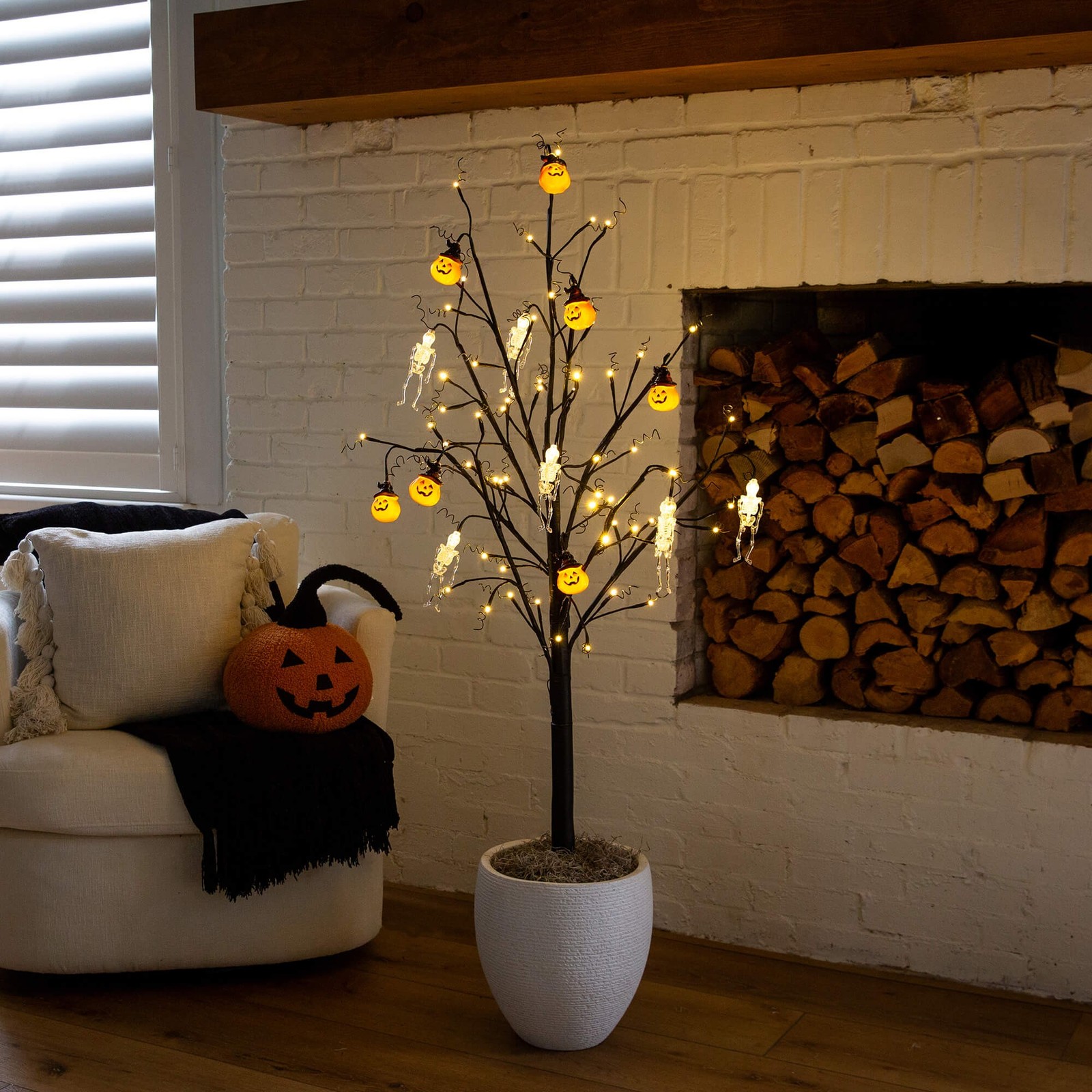Nearly Natural 5ft Pre-Lit Halloween Pumpkins & Skulls Ornament Tree w/ 72 LED