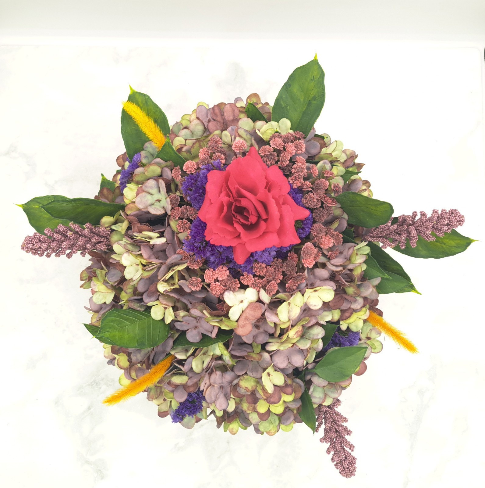Handmade Hydrangea & Rose Dried/Silk Flower Arrangement w/ Vintage Basket