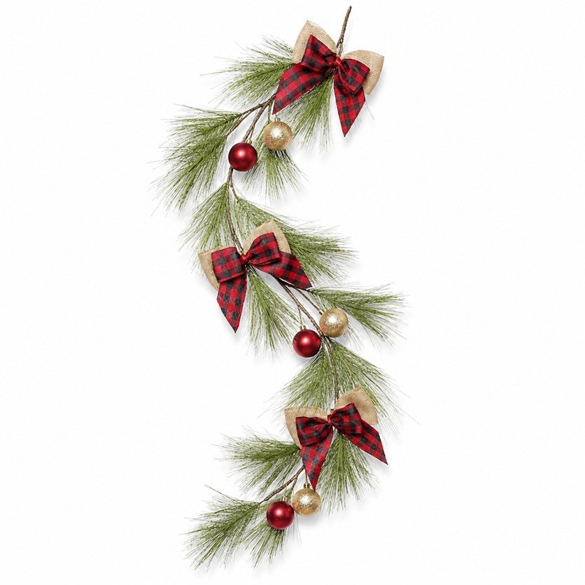 Winter Ornament and Bow 59″ Long Faux Wispy Pine Garland