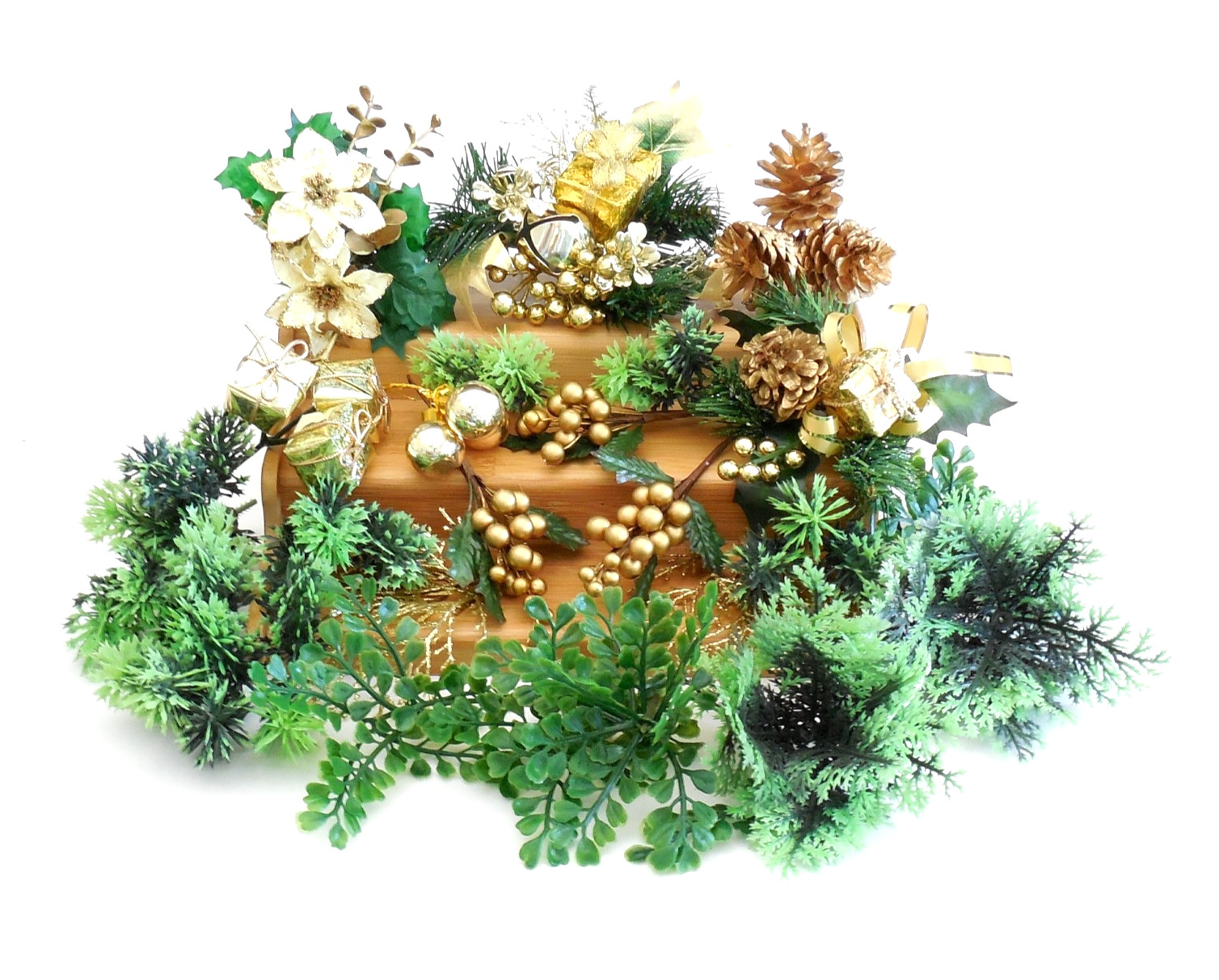 Vintage Christmas Plastic Floral Greenery Craft Lot 43pc w Gold Picks Stems Trim