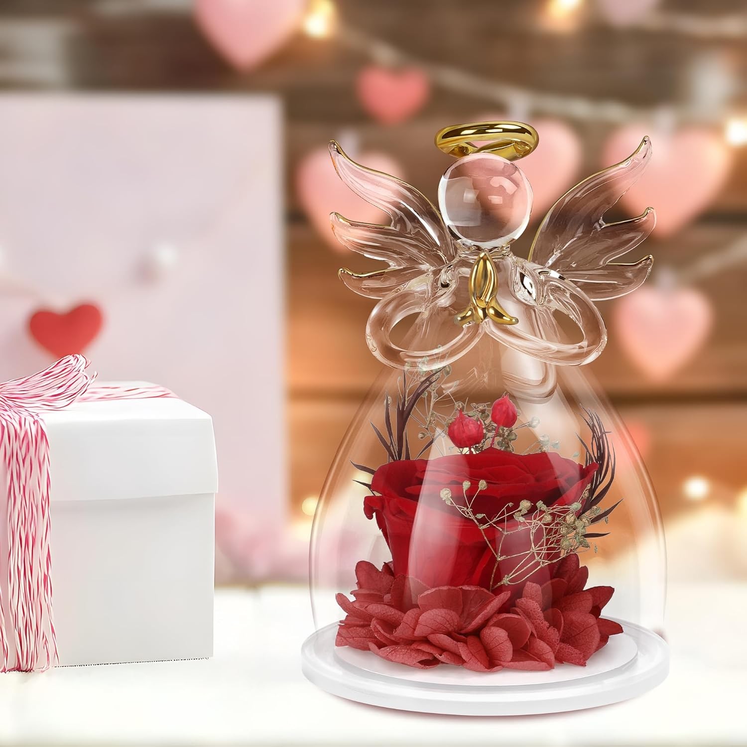 Preserved Flower Rose in Glass Angel Figurines,Mothers Day Gifts for Red