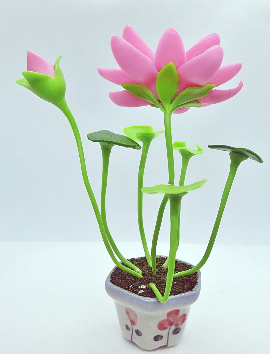 4″H Handcrafted Miniature Clay Lotus Flower Varieties Arranged in Pot | US Stock
