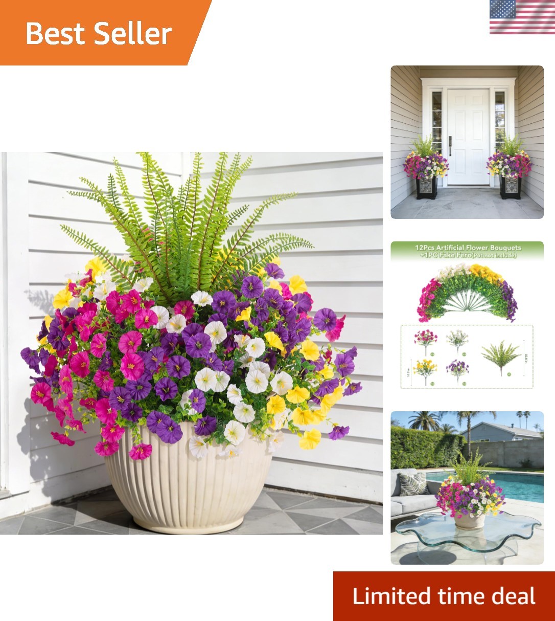 Versatile Fake Flower Set: 12 Morning Glory Bundles & Boston Fern for Outdoors
