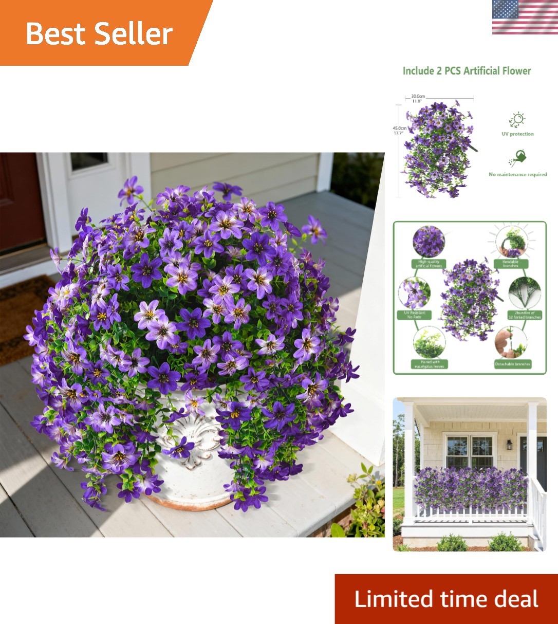 Vibrant Purple Artificial Flowers – 2 Pcs Faux Hanging Plants for Outdoor Decor