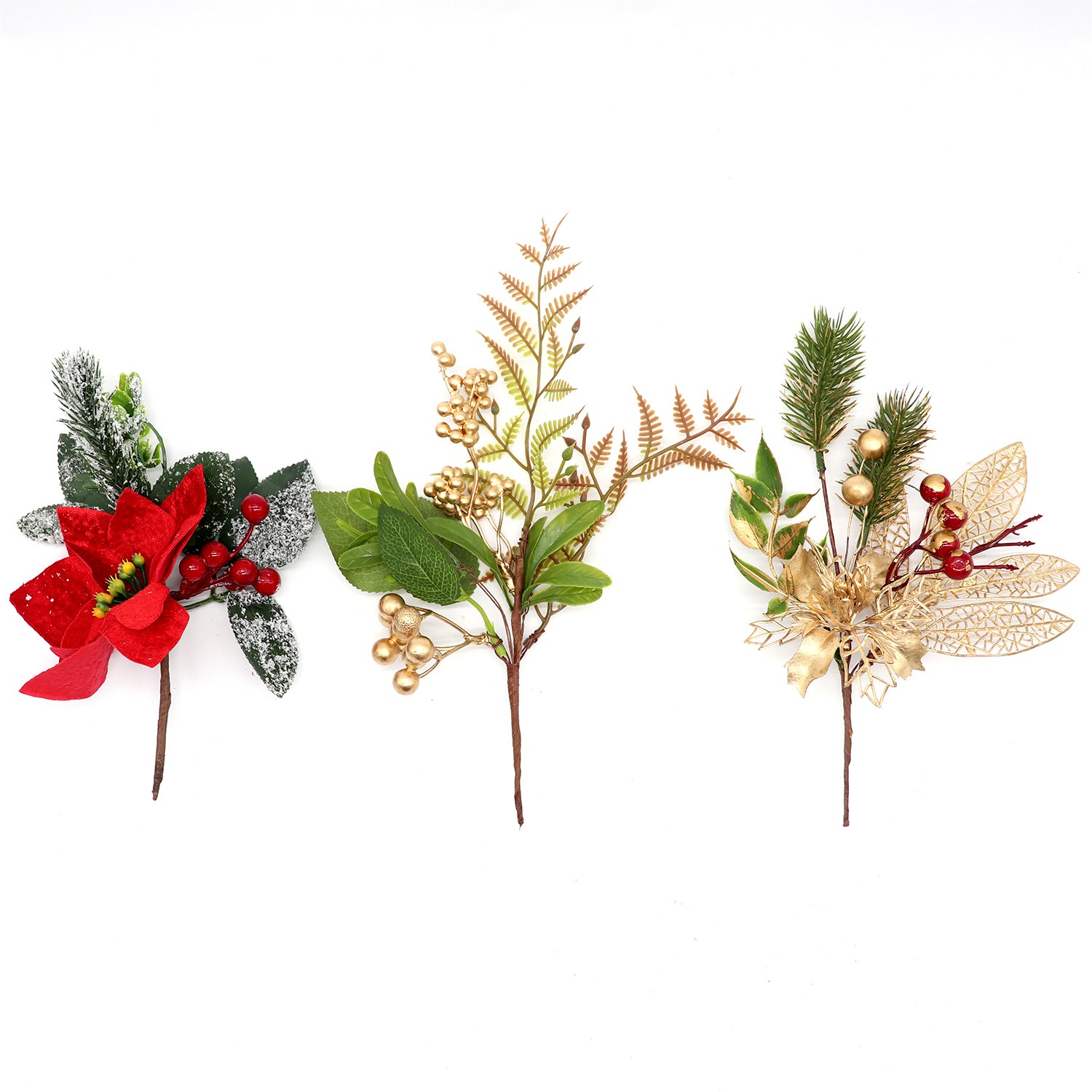 3x 21cm Christmas Red Berry Poinsettia Gold Tree Picks Xmas Floral Stems Décor