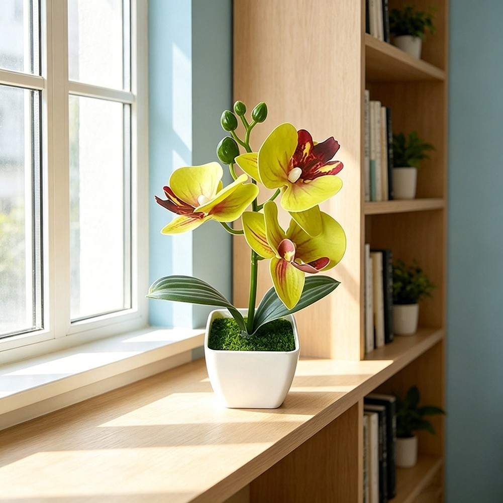 Artificial Orchid Arrangement 3 Bloom 7.09in with Square Pot for Living Room