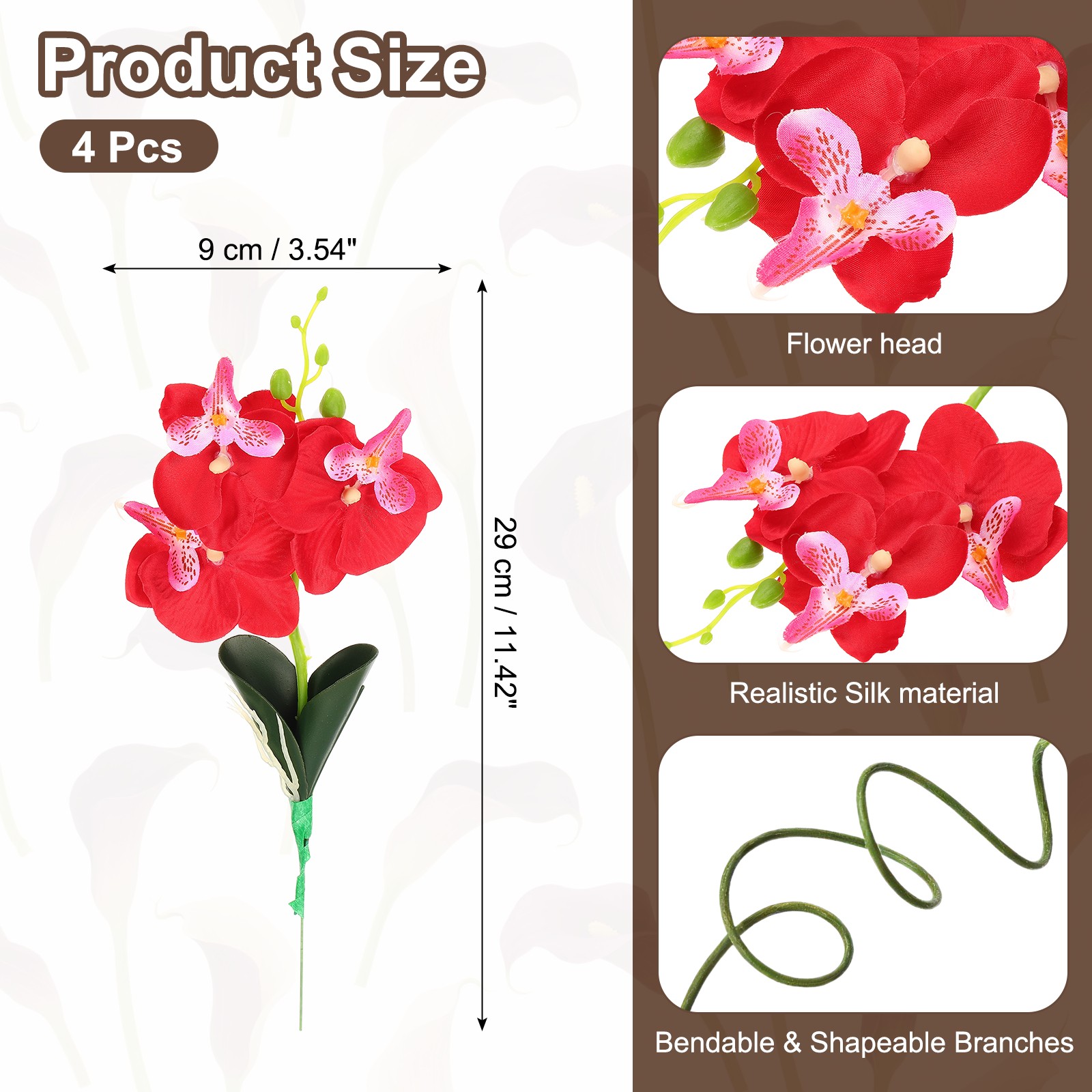 4 Pcs 11 Inch Artificial Phalaenopsis Fake Flowers Real Touch, Red