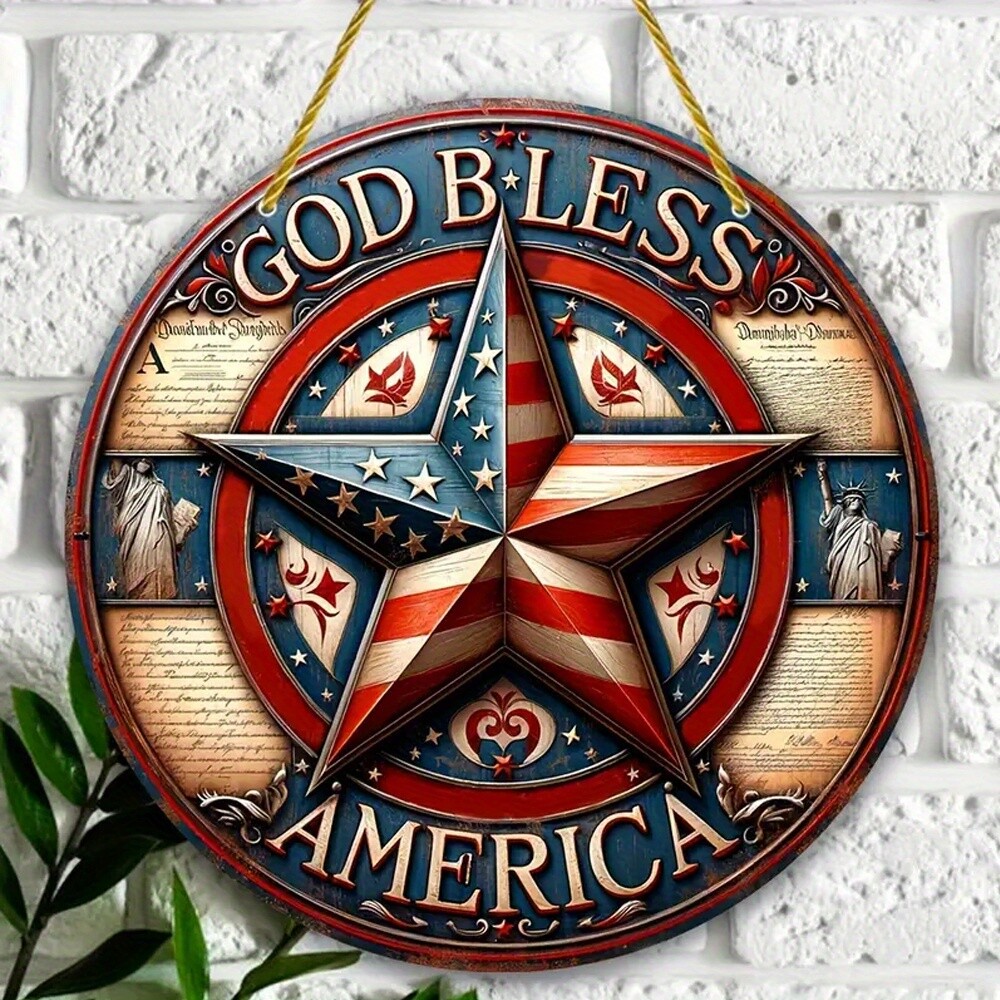 1 PC God Bless America Independence Day Sign American Star Round Acrylic Sign
