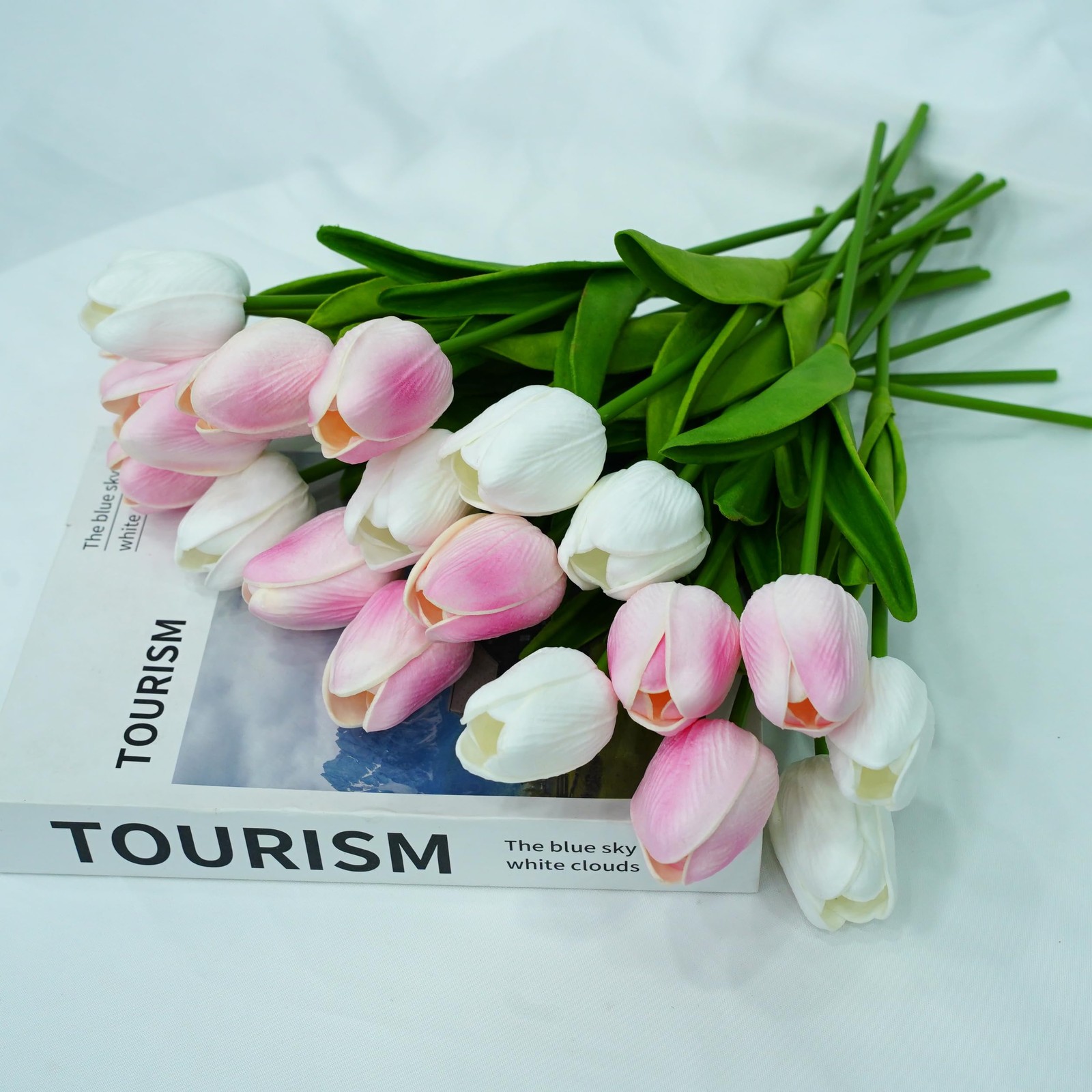 20 PCS White Pink PU Faux Tulips Flowers 13″ Fake Home Wedding Decor