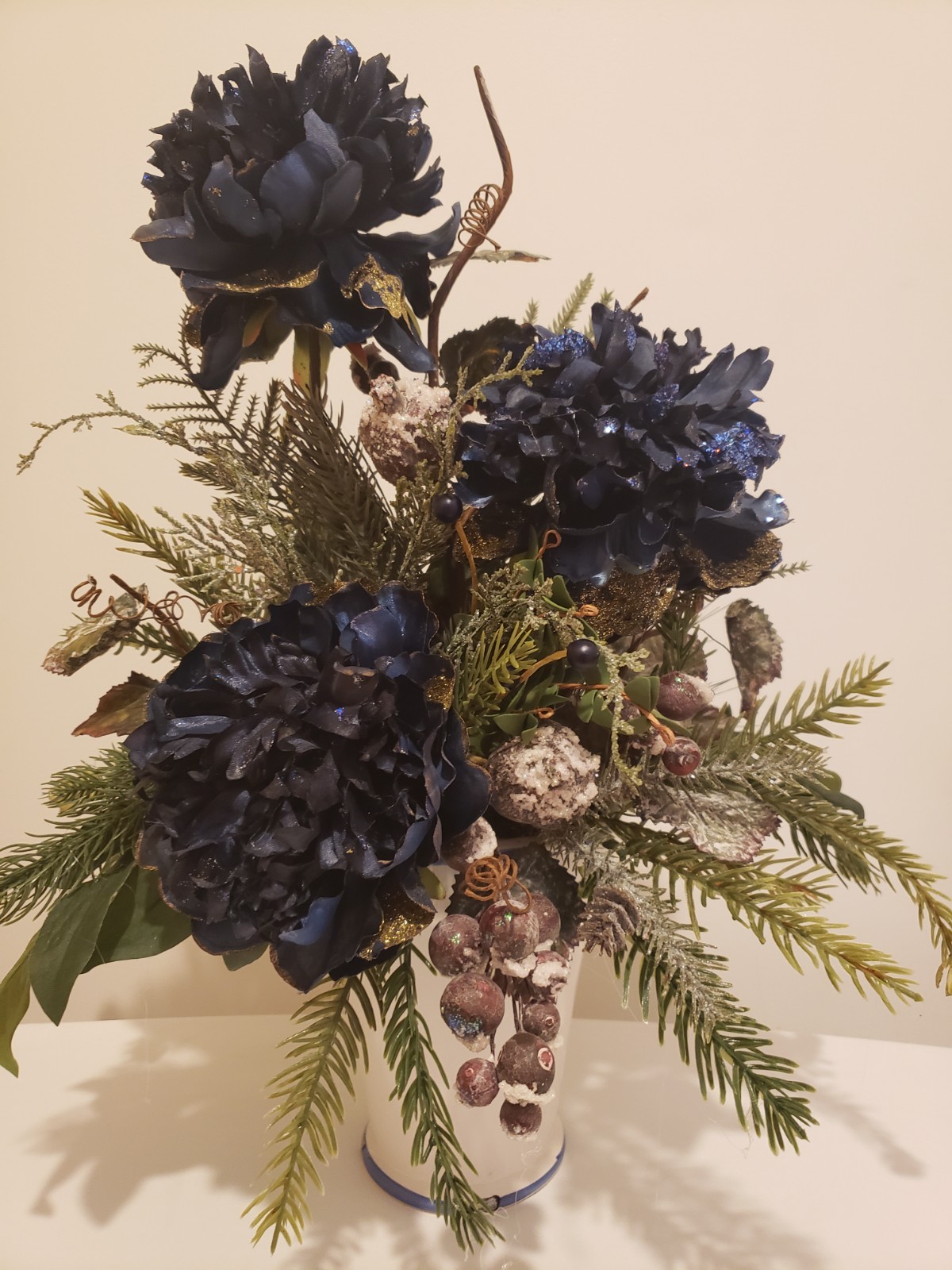 Navy Blue Winter Floral Arrangement, Elegant Christmas Flower Arrangement
