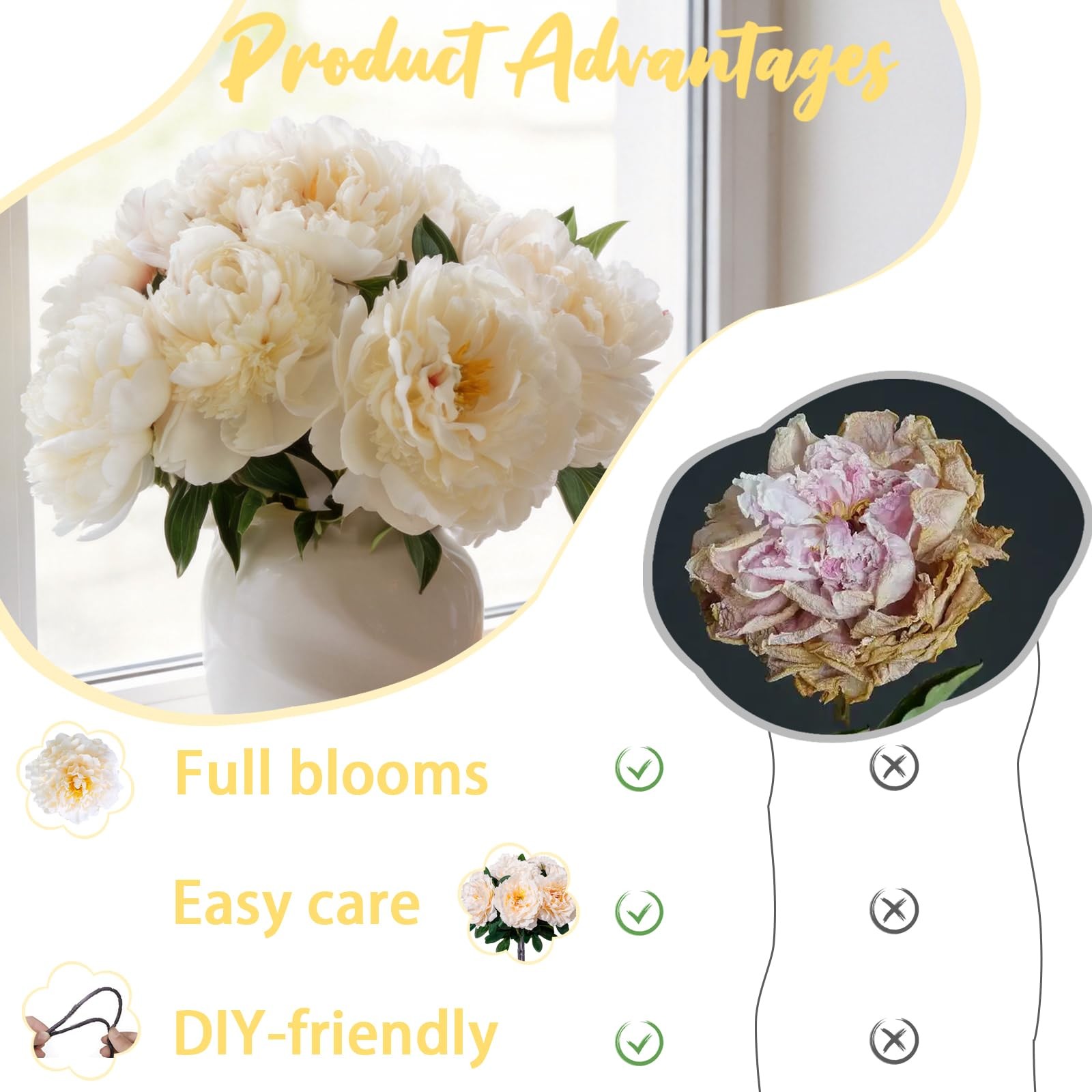 Light Champagne Premium Silk Artificial Peonies, 2 Bouquets (10 Large 5.12″ H…