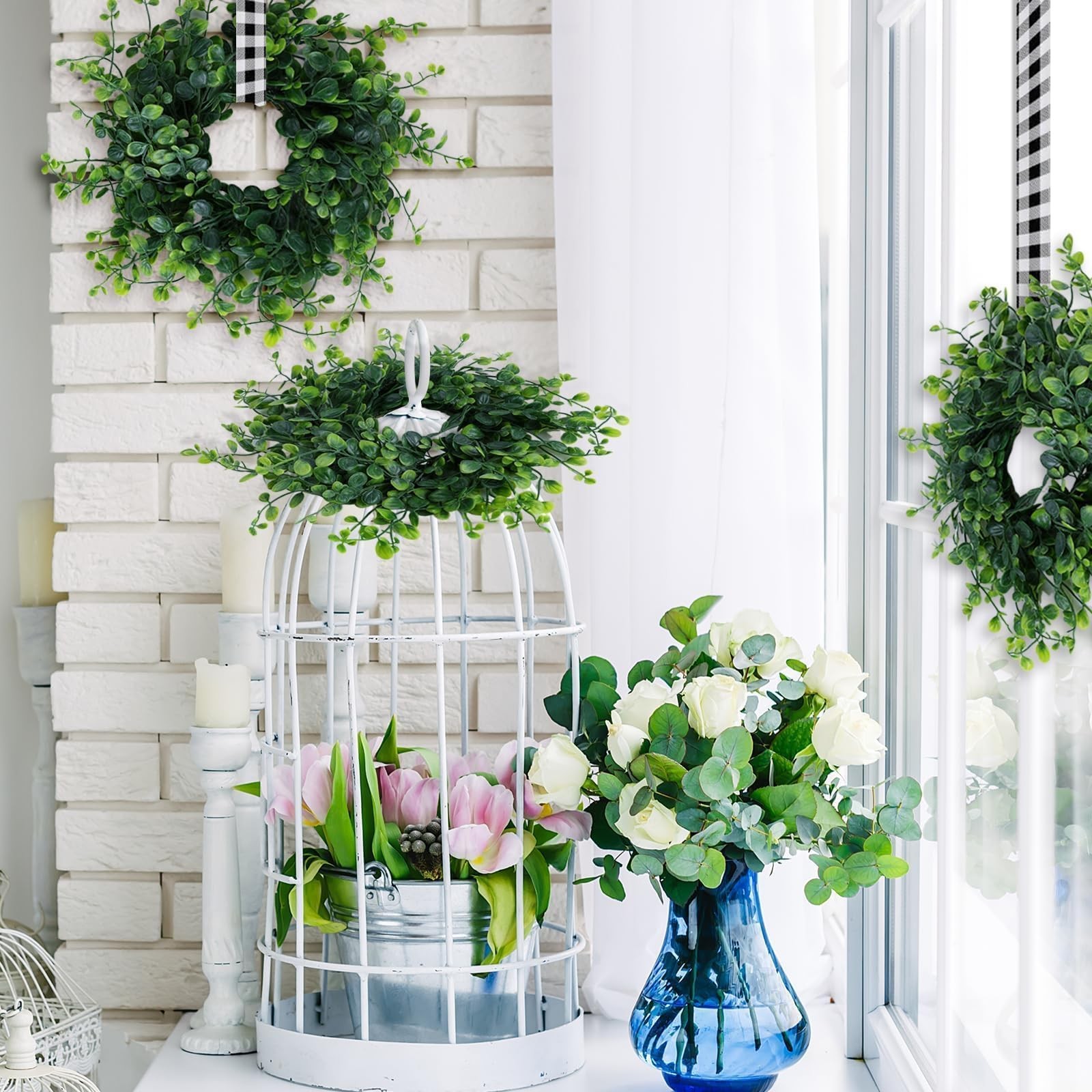 4 PCS 3 Inch Candle Rings Wreaths Pillars Mini Green Boxwood Wedding Decor