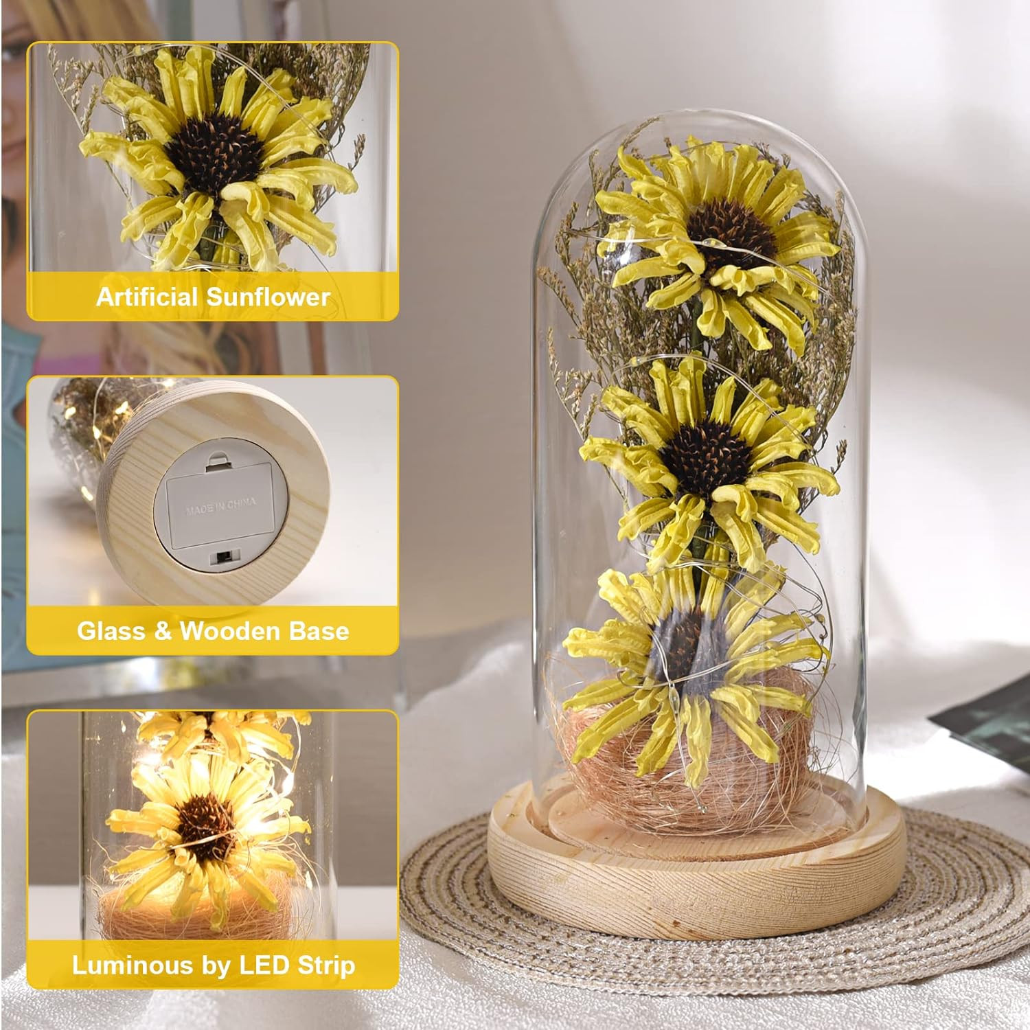 Sunflower Gifts for Women, Artificial Sunflowers in Glass Dome with LED Strip